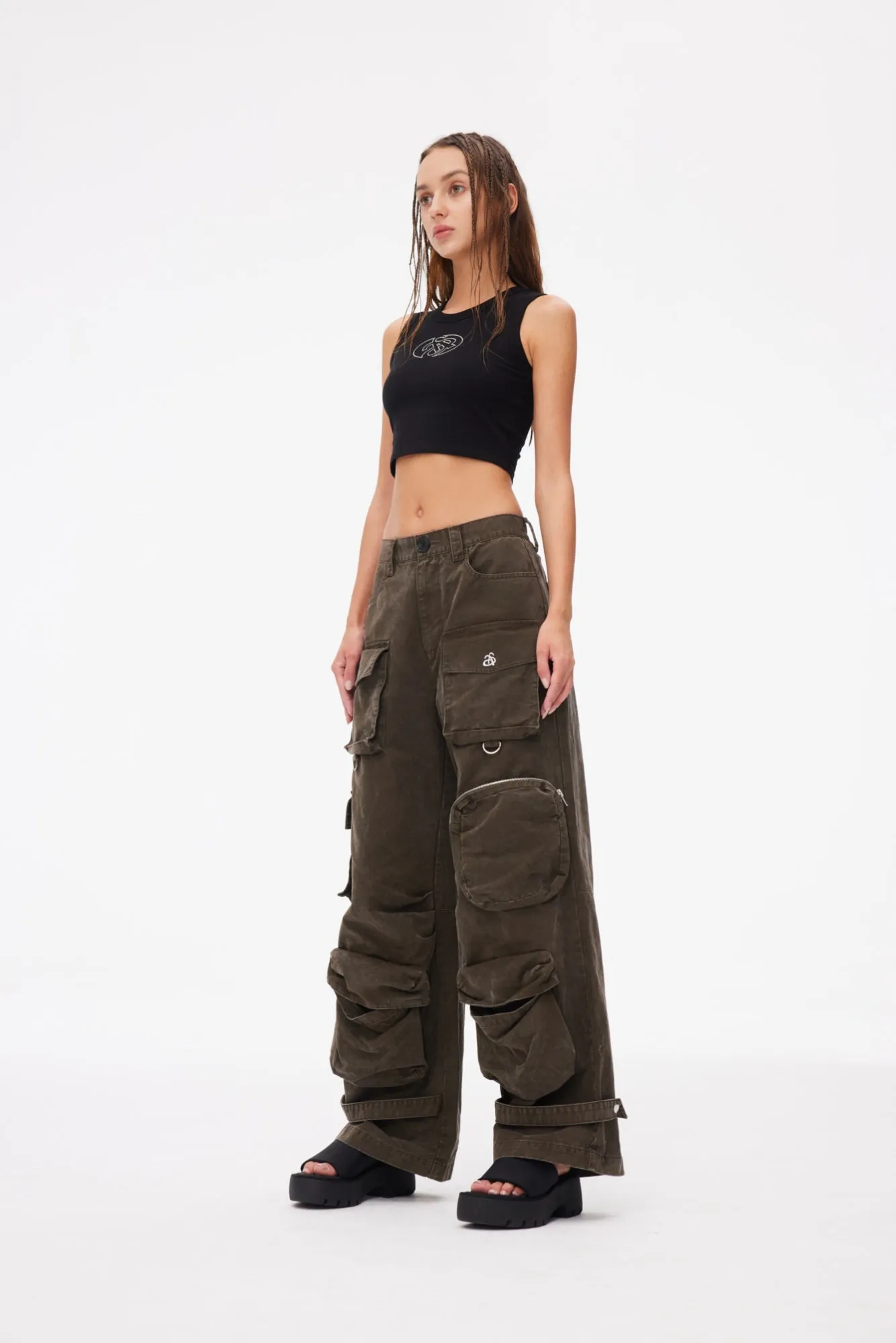 Multi Pocket Wide Leg Cargo Pants Grey