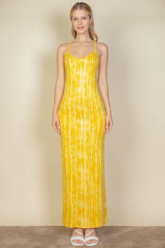 Mustard Yellow Tie Dye Printed Cami Bodycon Maxi Dress