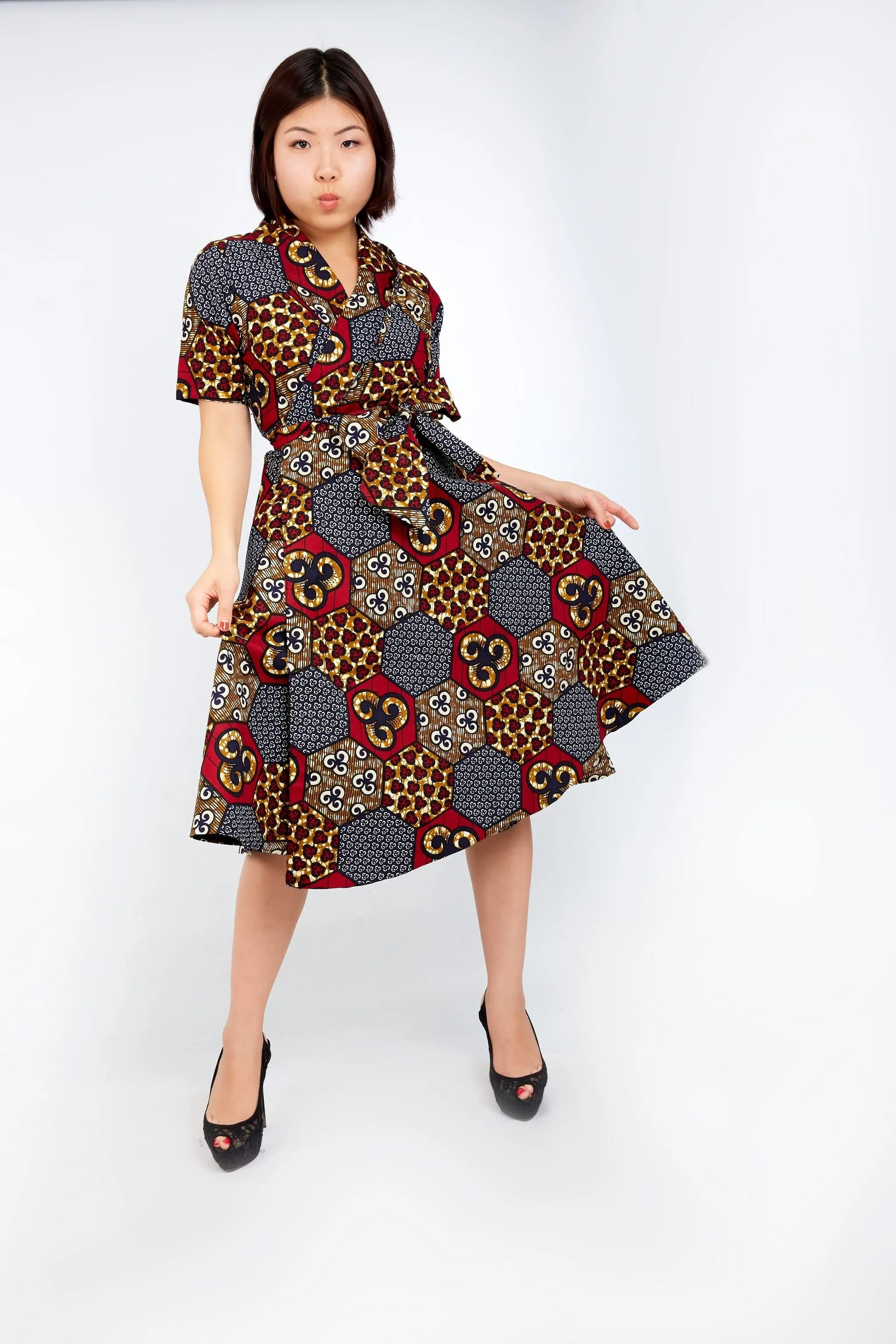 New in African Ankara Print Wrap Dress -Maroon