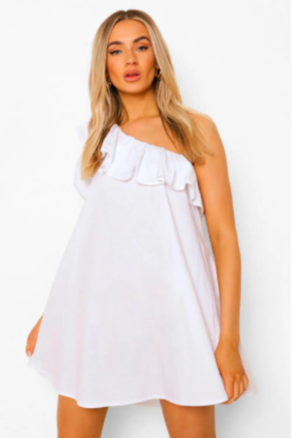 One Shoulder Ruffled Detailed Neck White Dress