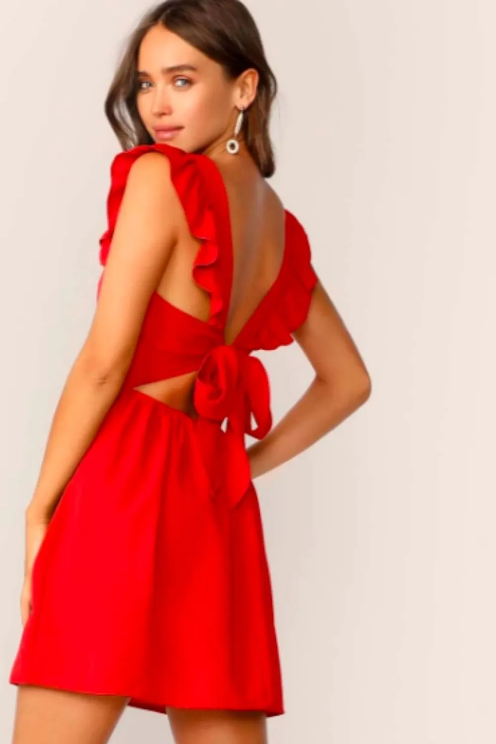 Open Back Ruffle Trim Dress Red