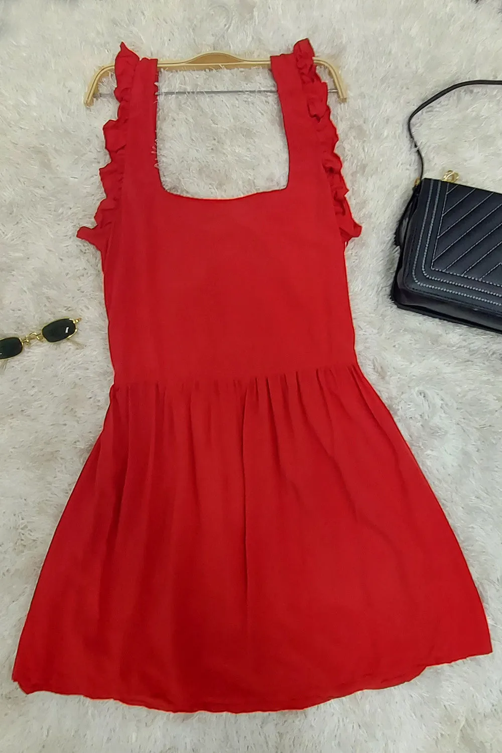 Open Back Ruffle Trim Dress Red