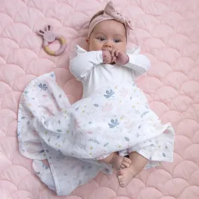 Organic Muslin Swaddle Wrap & Teether Gift Set in Botanical / Blush Plus Emma Heart Rattle