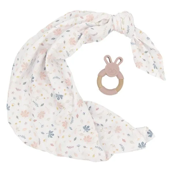 Organic Muslin Swaddle Wrap & Teether Gift Set in Botanical / Blush Plus Emma Heart Rattle