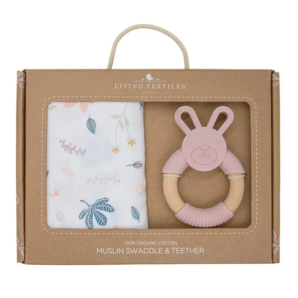 Organic Muslin Swaddle Wrap & Teether Gift Set in Botanical / Blush Plus Emma Heart Rattle