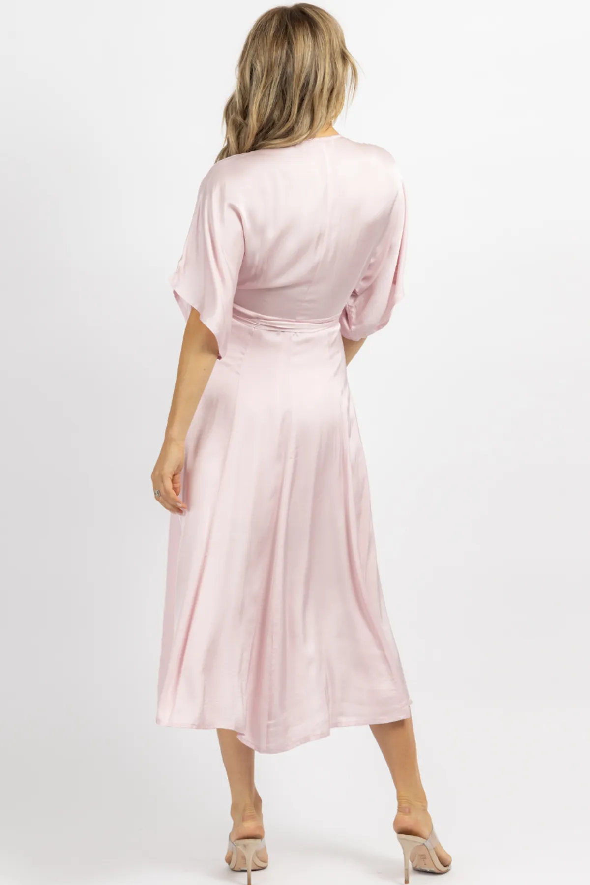 PALE PINK SATIN WRAP MIDI DRESS