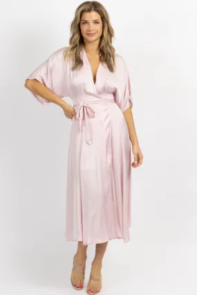 PALE PINK SATIN WRAP MIDI DRESS