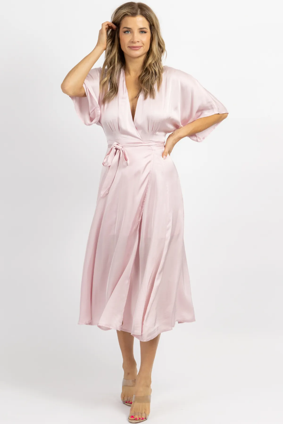 PALE PINK SATIN WRAP MIDI DRESS