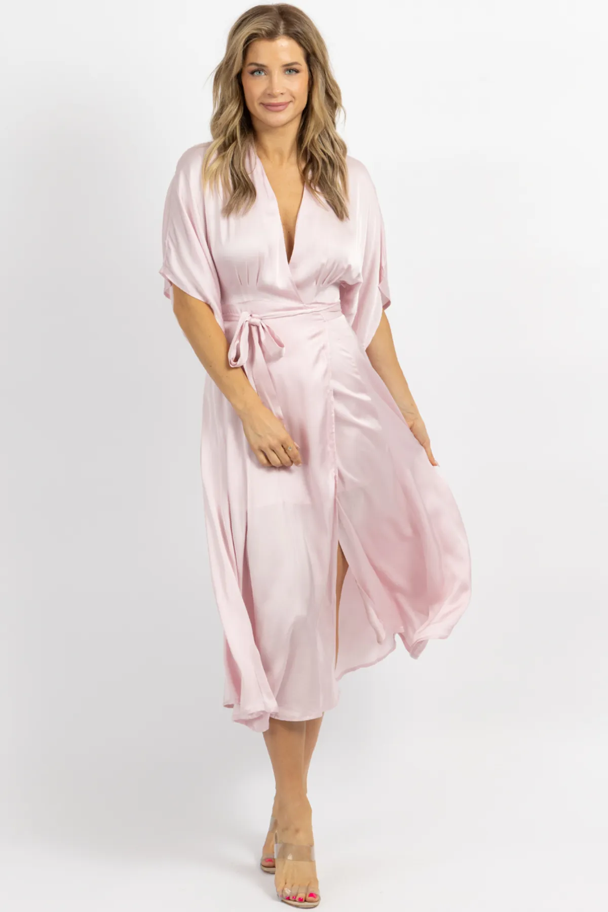 PALE PINK SATIN WRAP MIDI DRESS