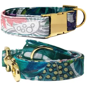 Pattefrenz Peacock Blue Gold Dog Collar & Leash Set (Medium)