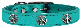 Peace Sign Widget Genuine Metallic Leather Dog Collar Turquoise 18