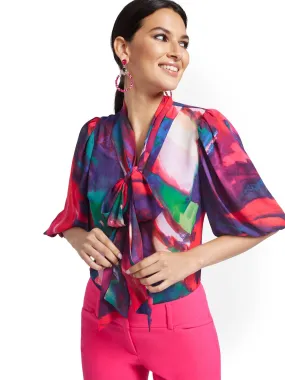 Petite Abstract Watercolor Print Essential V-Neck Bow Blouse