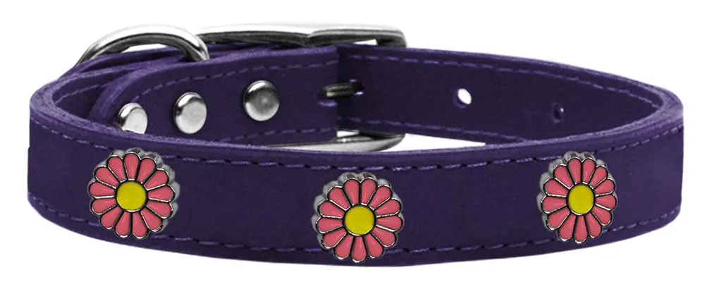 Pink Daisy Widget Genuine Leather Dog Collar Purple 20