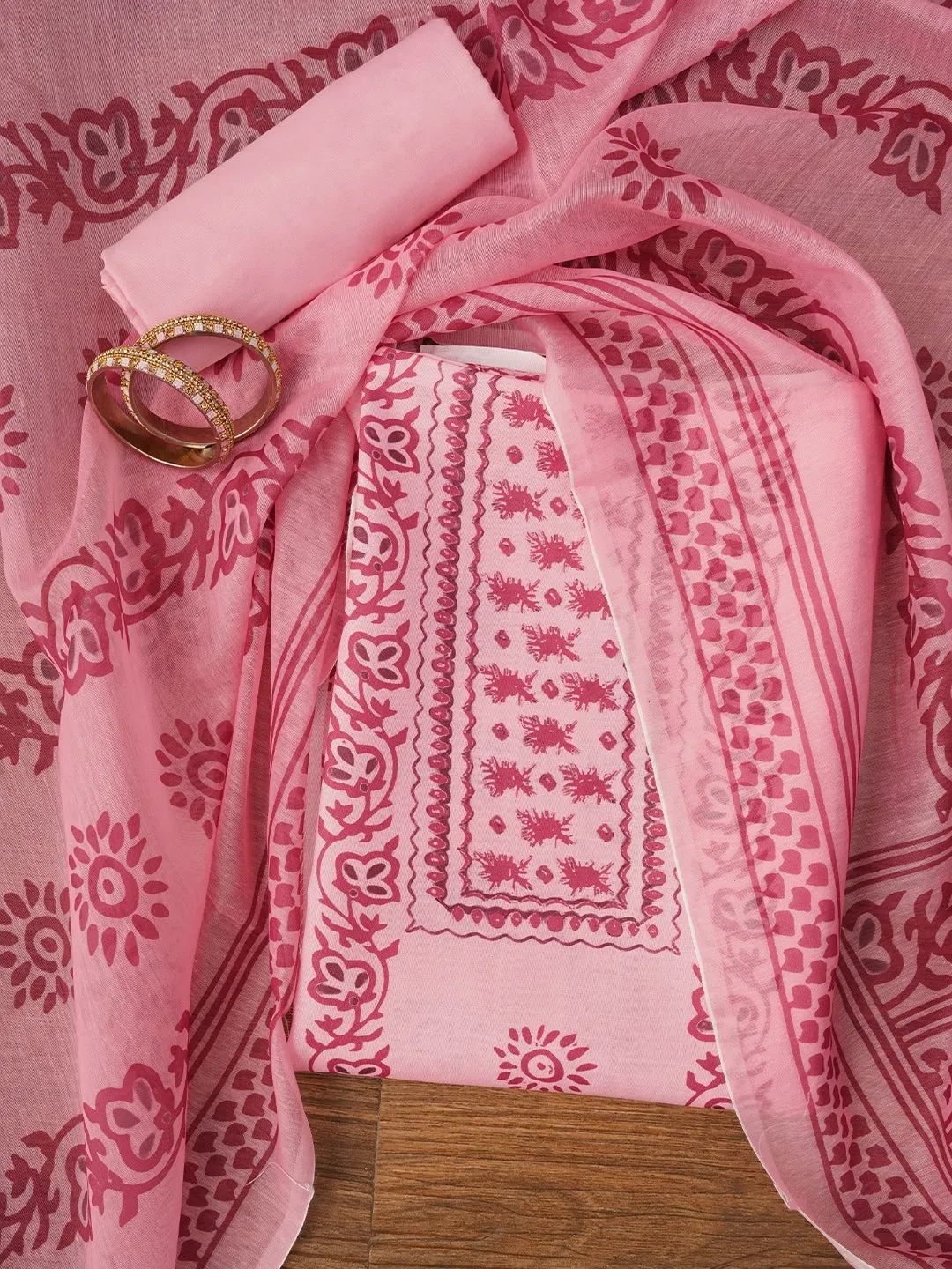 Pink Floral Printed Cotton Blend Dress Material with Dupatta