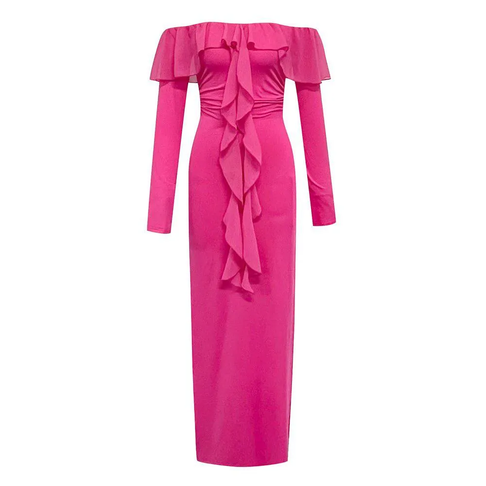 Pinky Long Sleeve Side Slit Ruffle Midi Dress