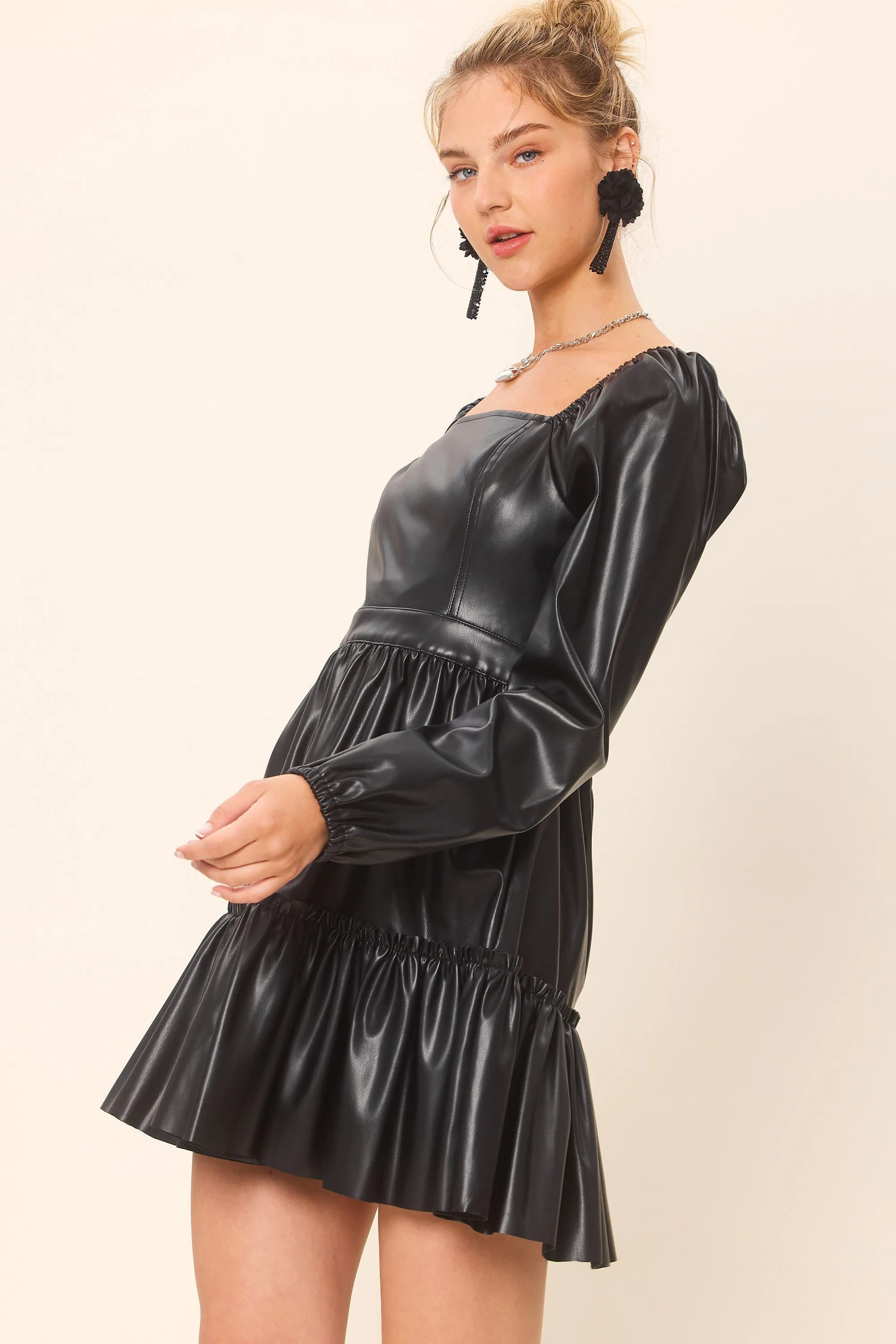 Pleather Square Neck Mini Dress