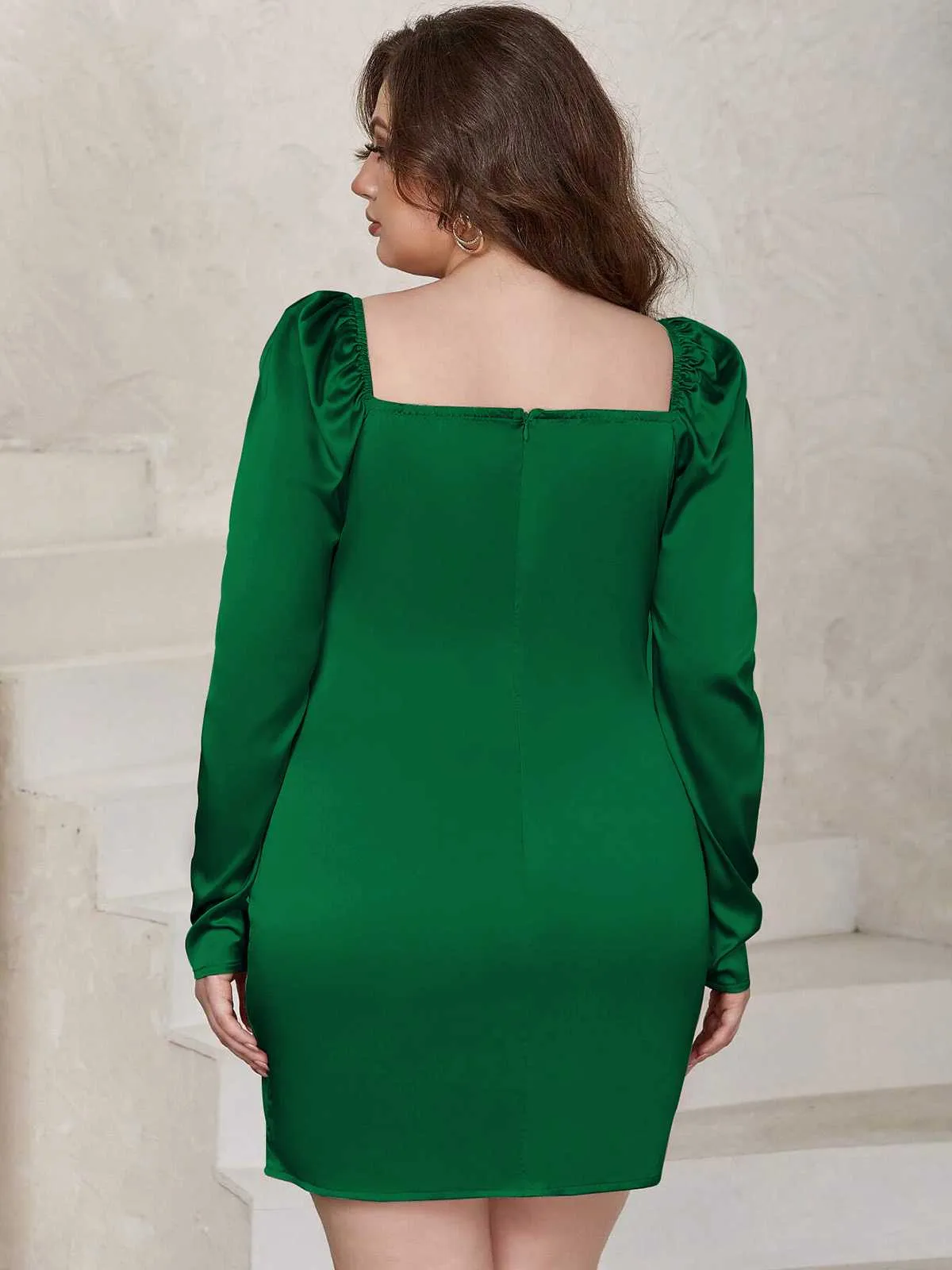 [Plus Size] Green 1960s Sweetheart Neck Solid Wrap Dress