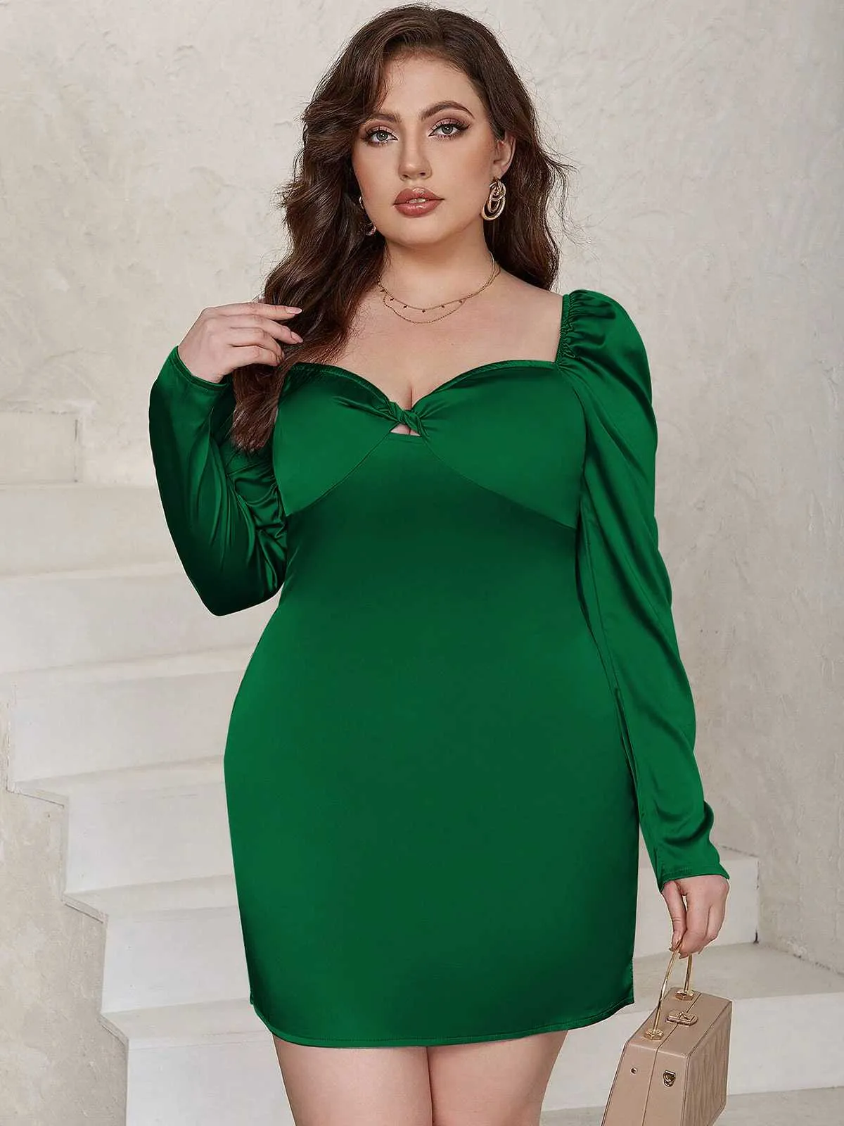 [Plus Size] Green 1960s Sweetheart Neck Solid Wrap Dress