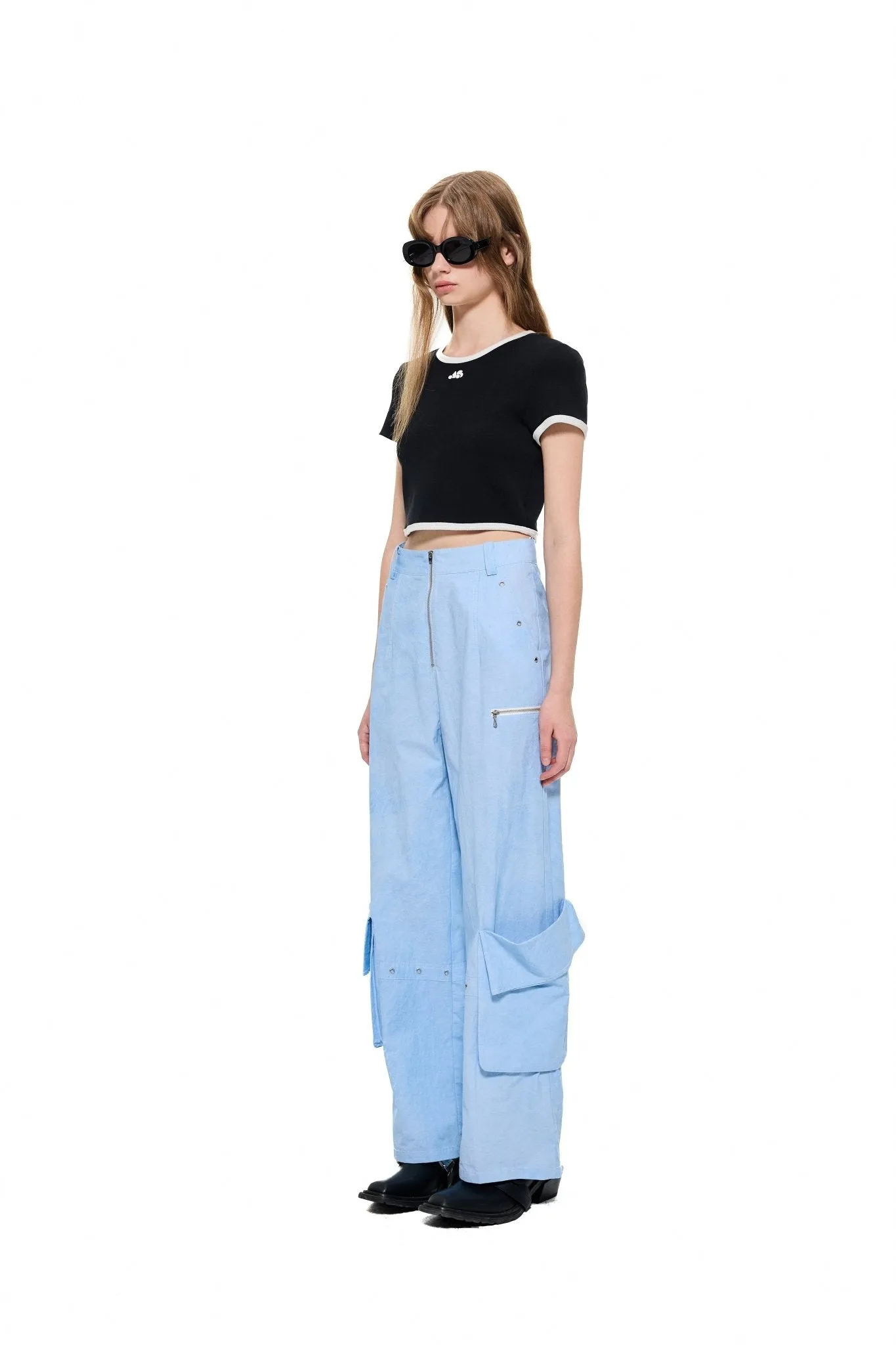 Pocket Wide-Leg Cargo Trousers in Blue