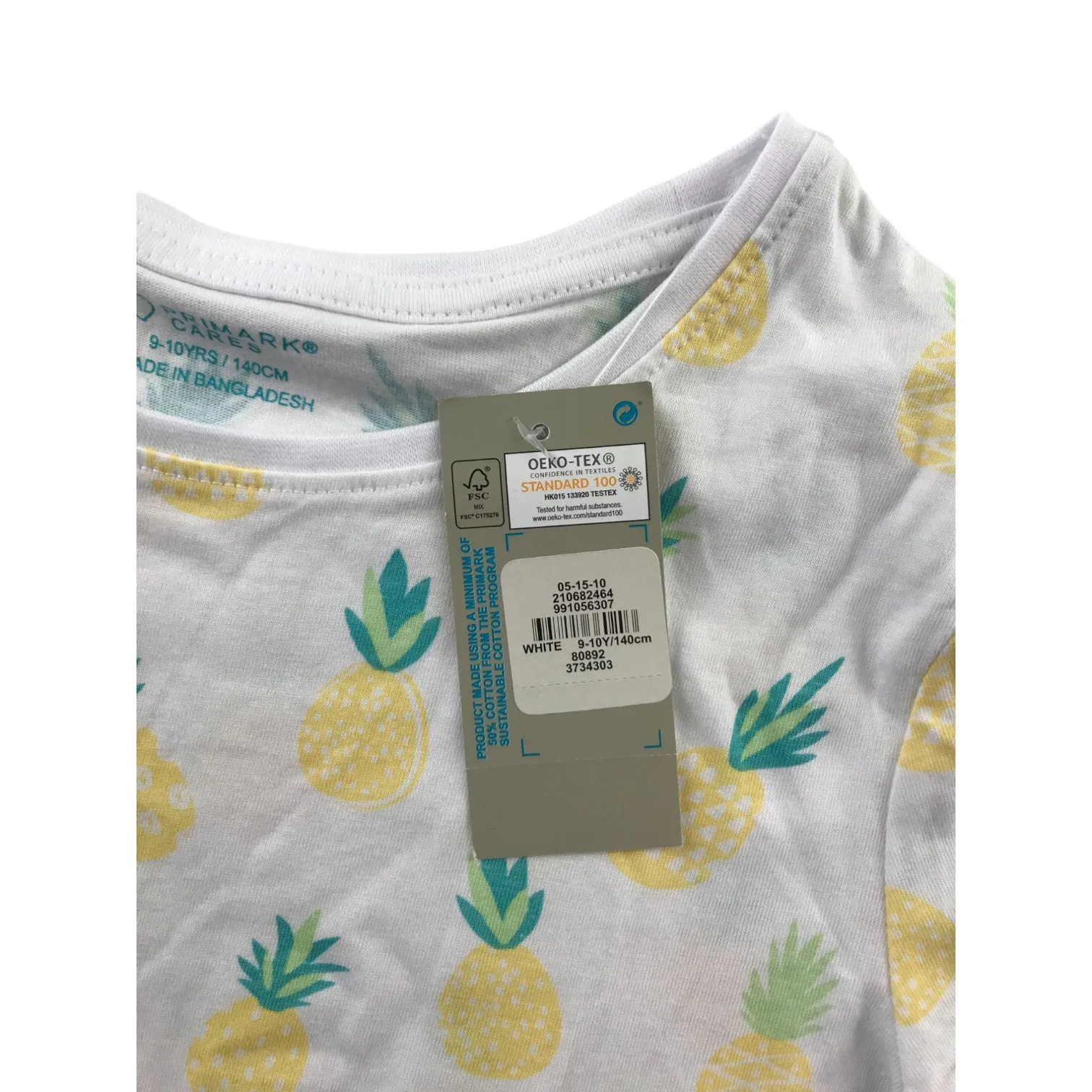 Primark t-shirt 9-10 years white pineapple print short sleeve cotton