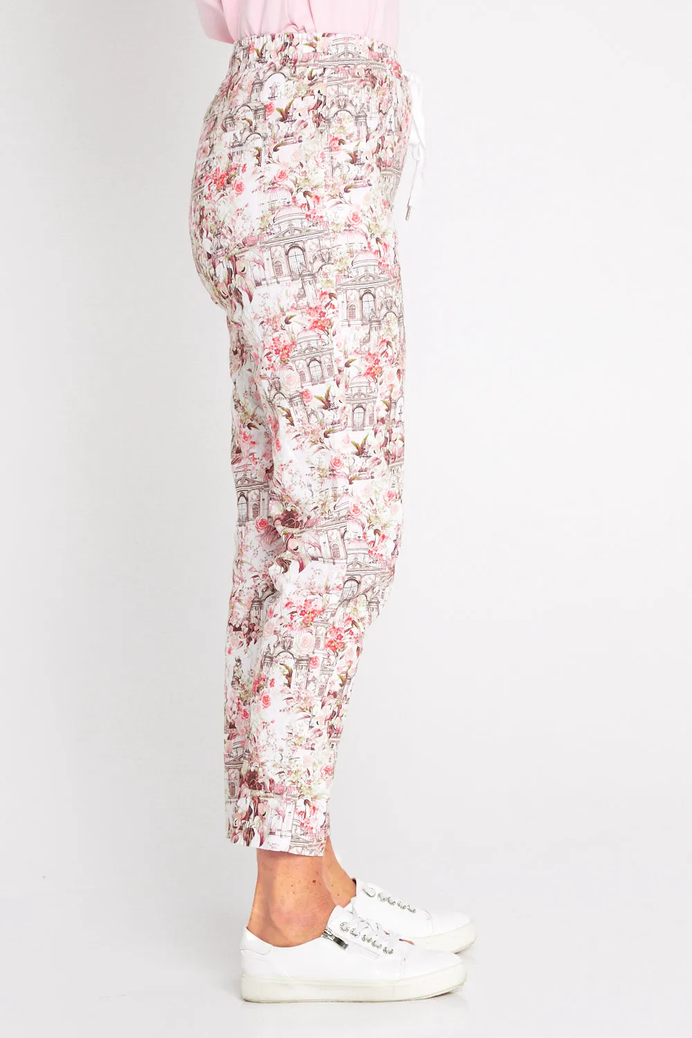 Printed Crushed Drawstring Pants - Floral Buildings