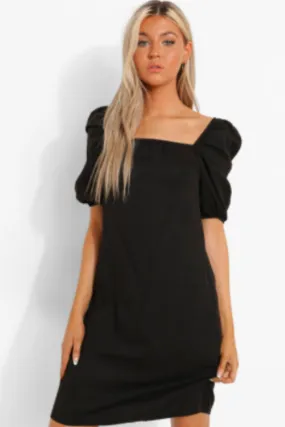 Puff Sleeved Shift Black Dress