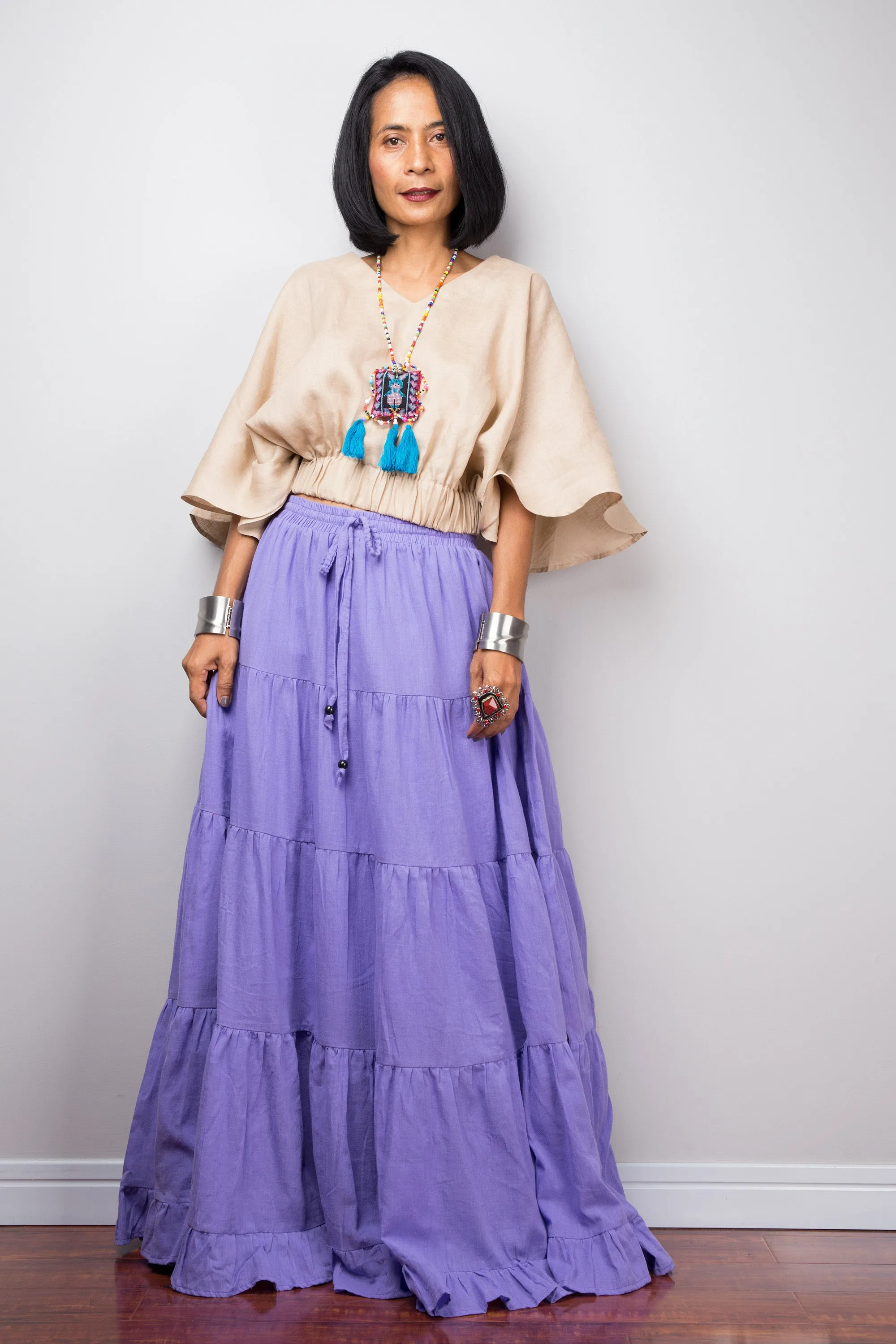 Purple skirt | Tiered peasant maxi skirt | Long boho soft lavender cotton flare skirt