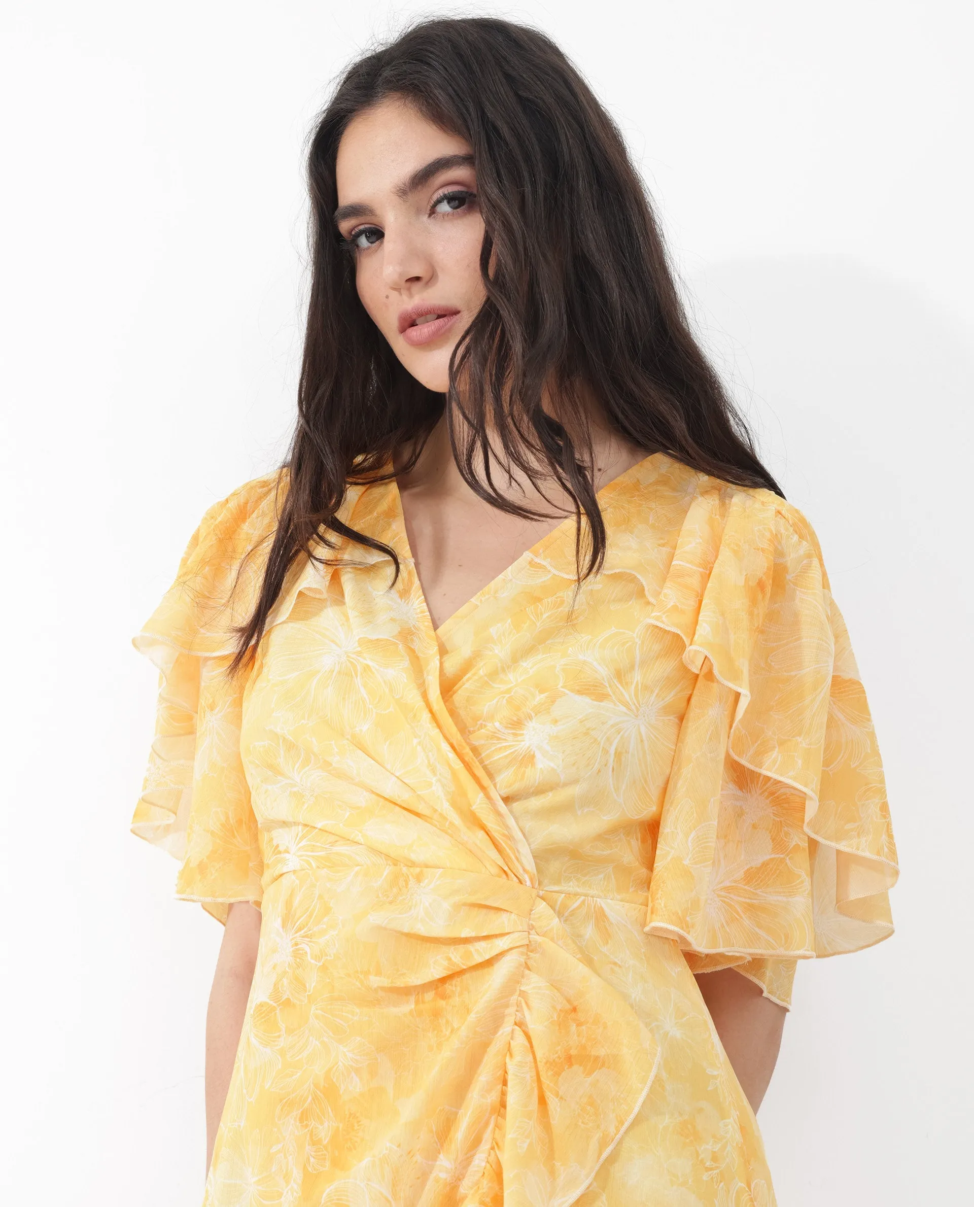 Rareism Women Buckley Yellow Polyester Fabric Regular Sleeves V-Neck Floral Print Regular Length Dress