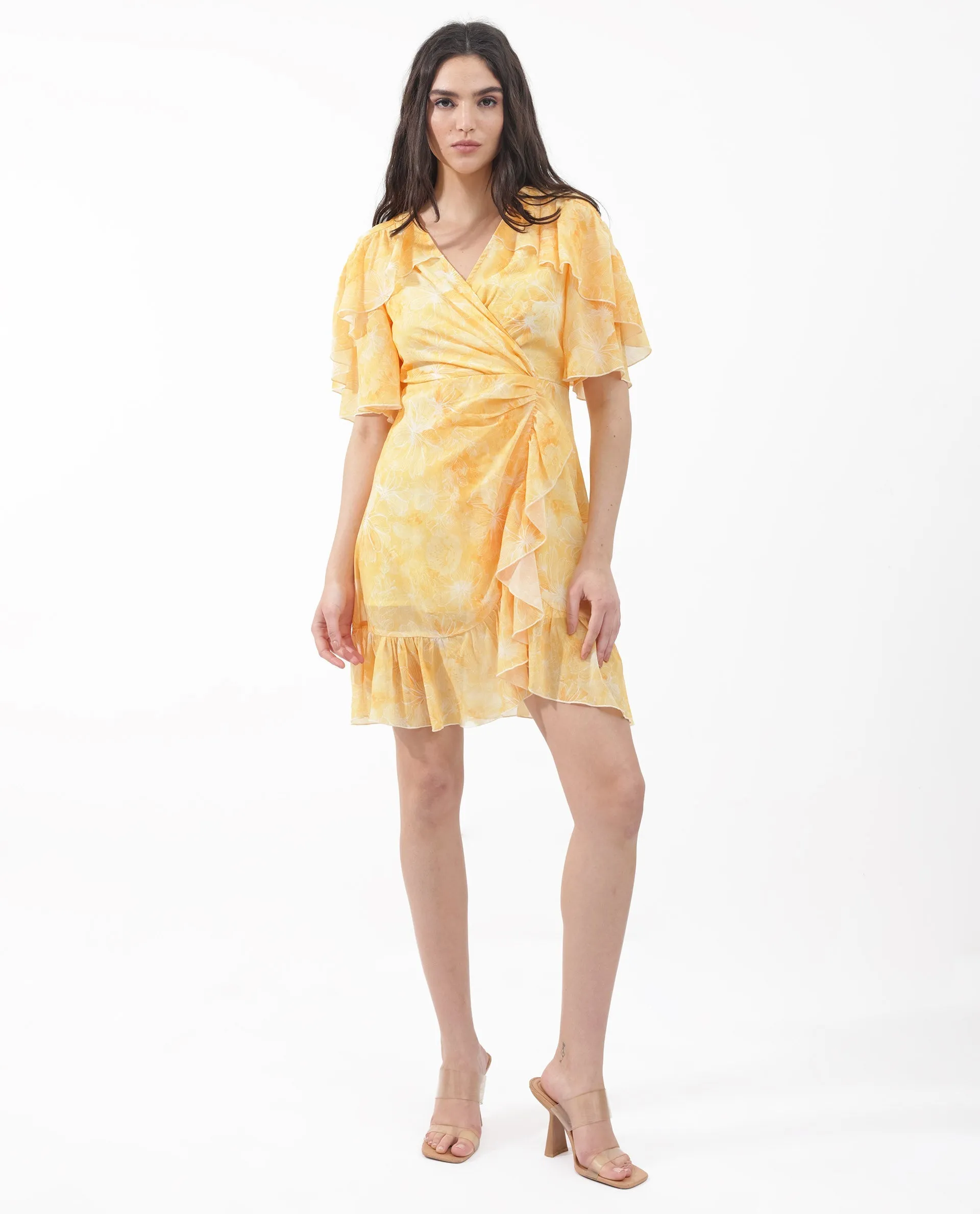 Rareism Women Buckley Yellow Polyester Fabric Regular Sleeves V-Neck Floral Print Regular Length Dress