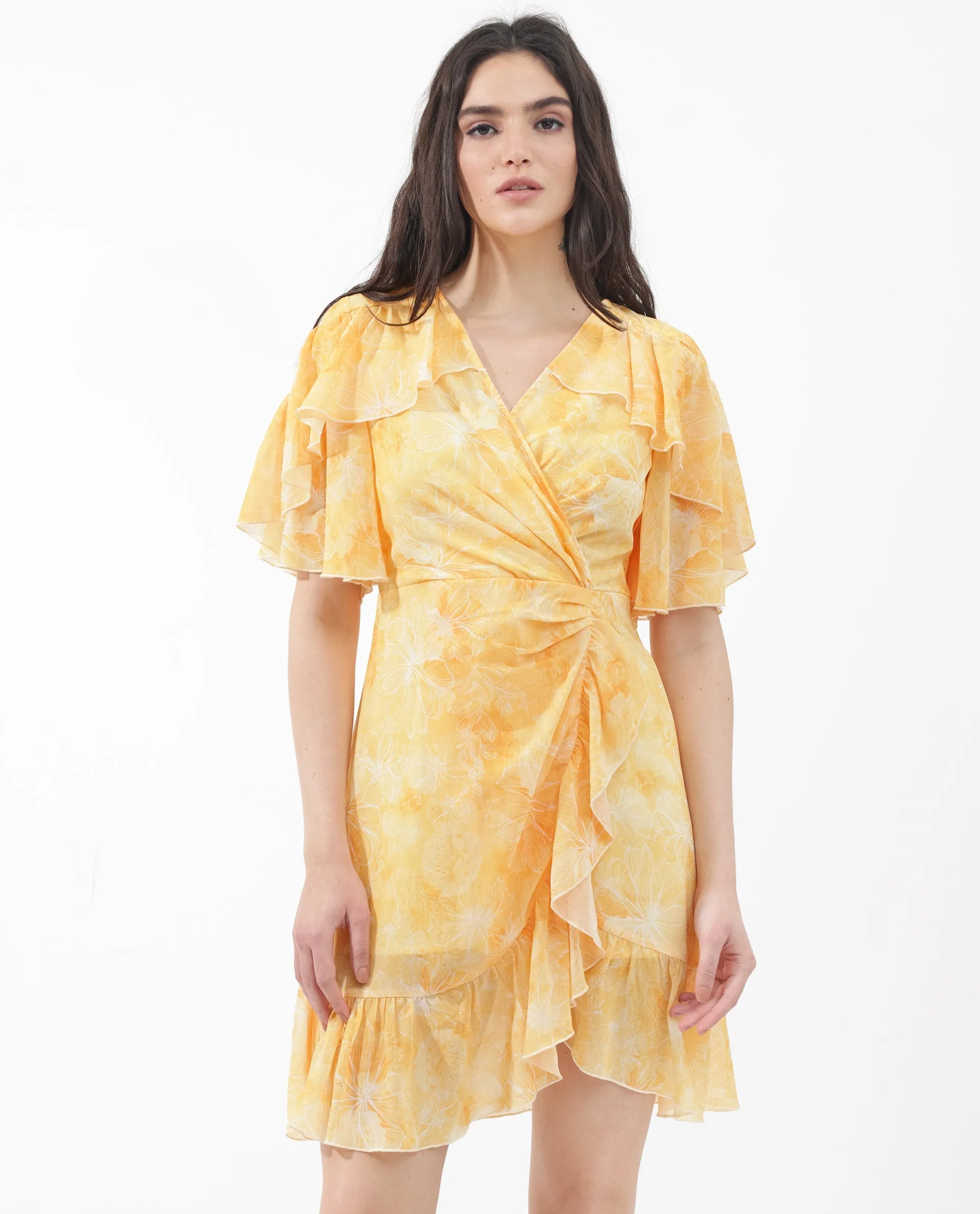 Rareism Women Buckley Yellow Polyester Fabric Regular Sleeves V-Neck Floral Print Regular Length Dress