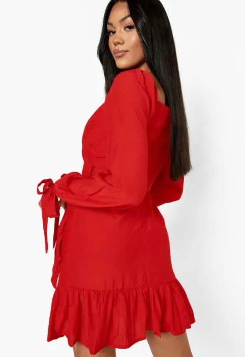 Red Cup Detail Tie Waist Skater Dress