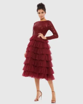 Red Long Sleeve Ruffle Tiered Midi Dress