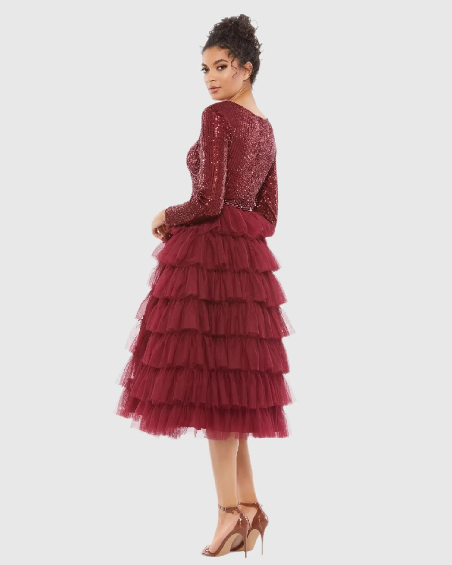 Red Long Sleeve Ruffle Tiered Midi Dress