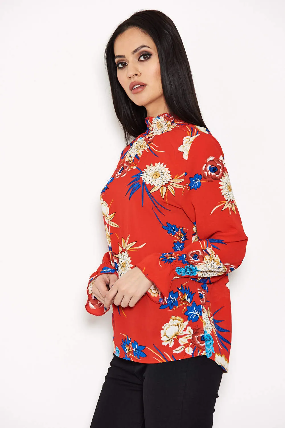 Red Printed High Neck Top