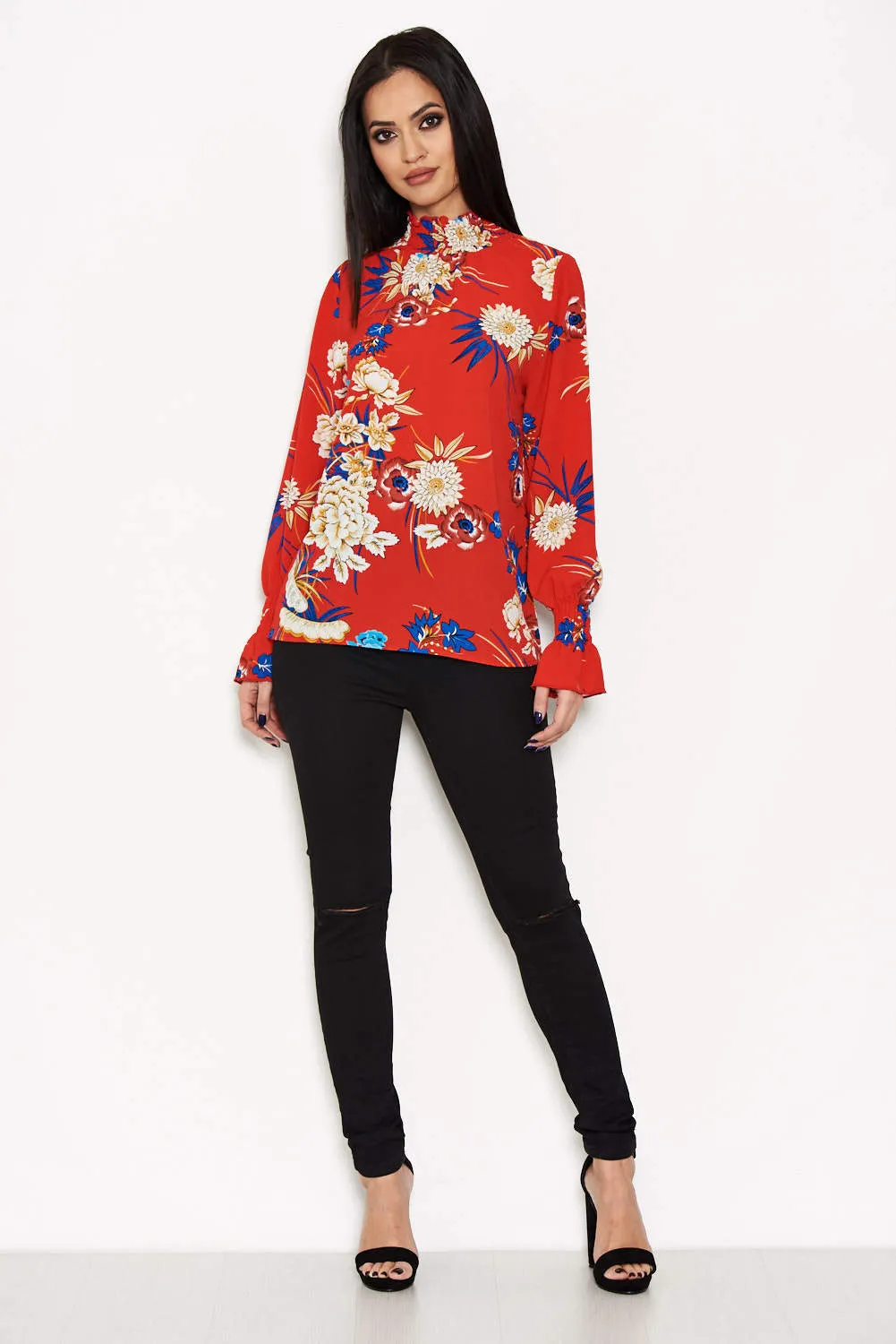 Red Printed High Neck Top