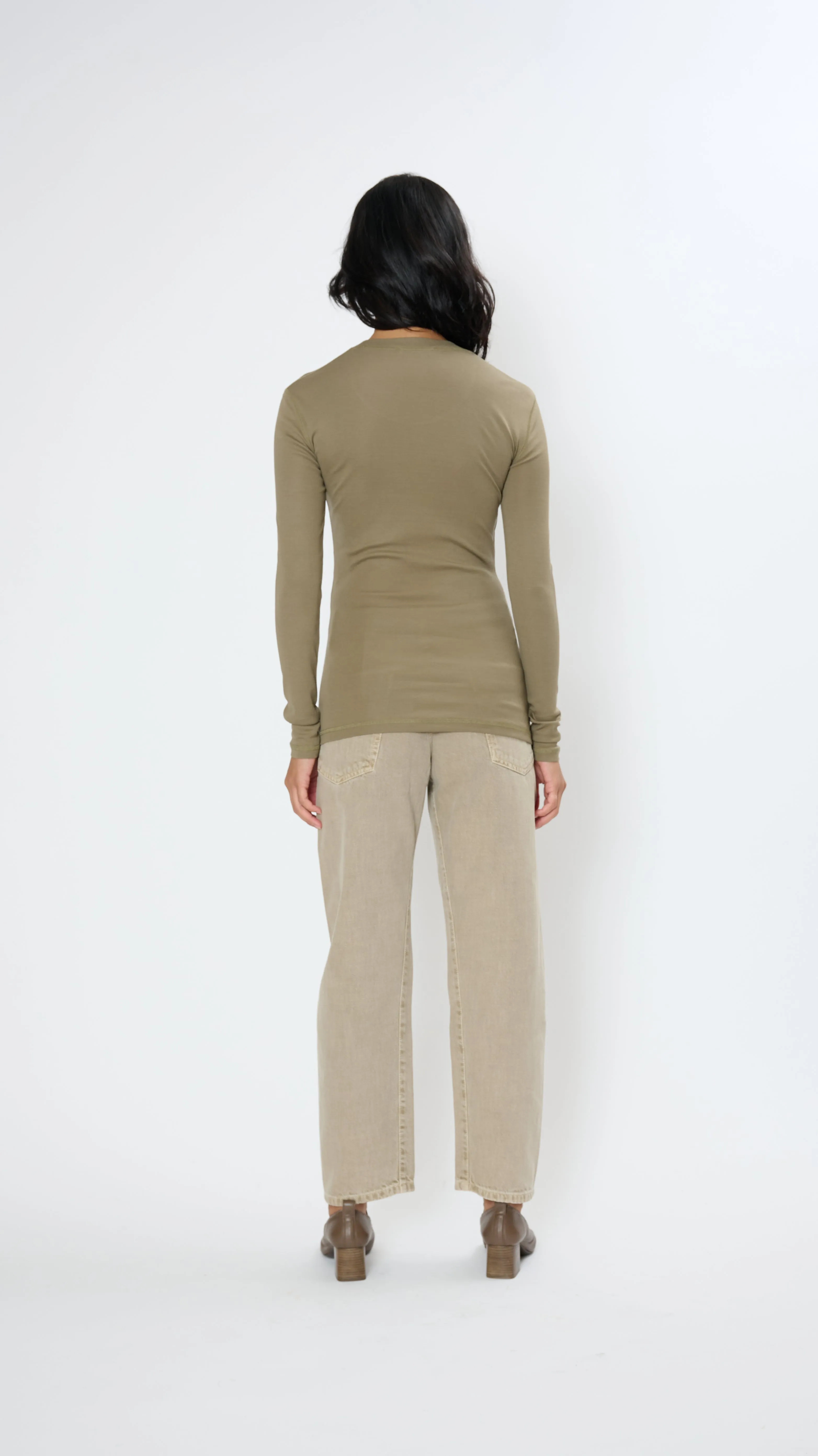 Rib Long Sleeve T-Shirt in Green Beige