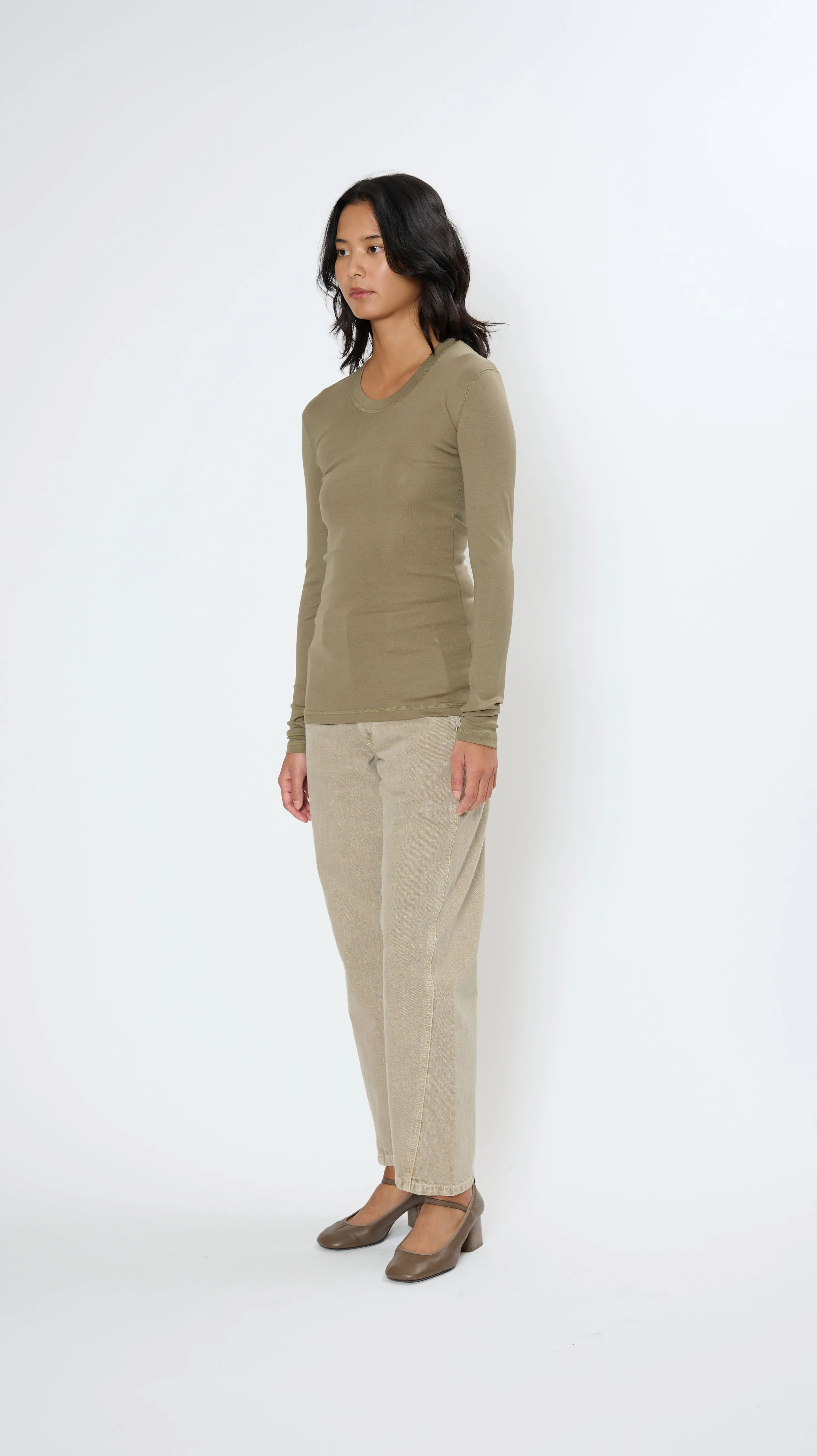 Rib Long Sleeve T-Shirt in Green Beige