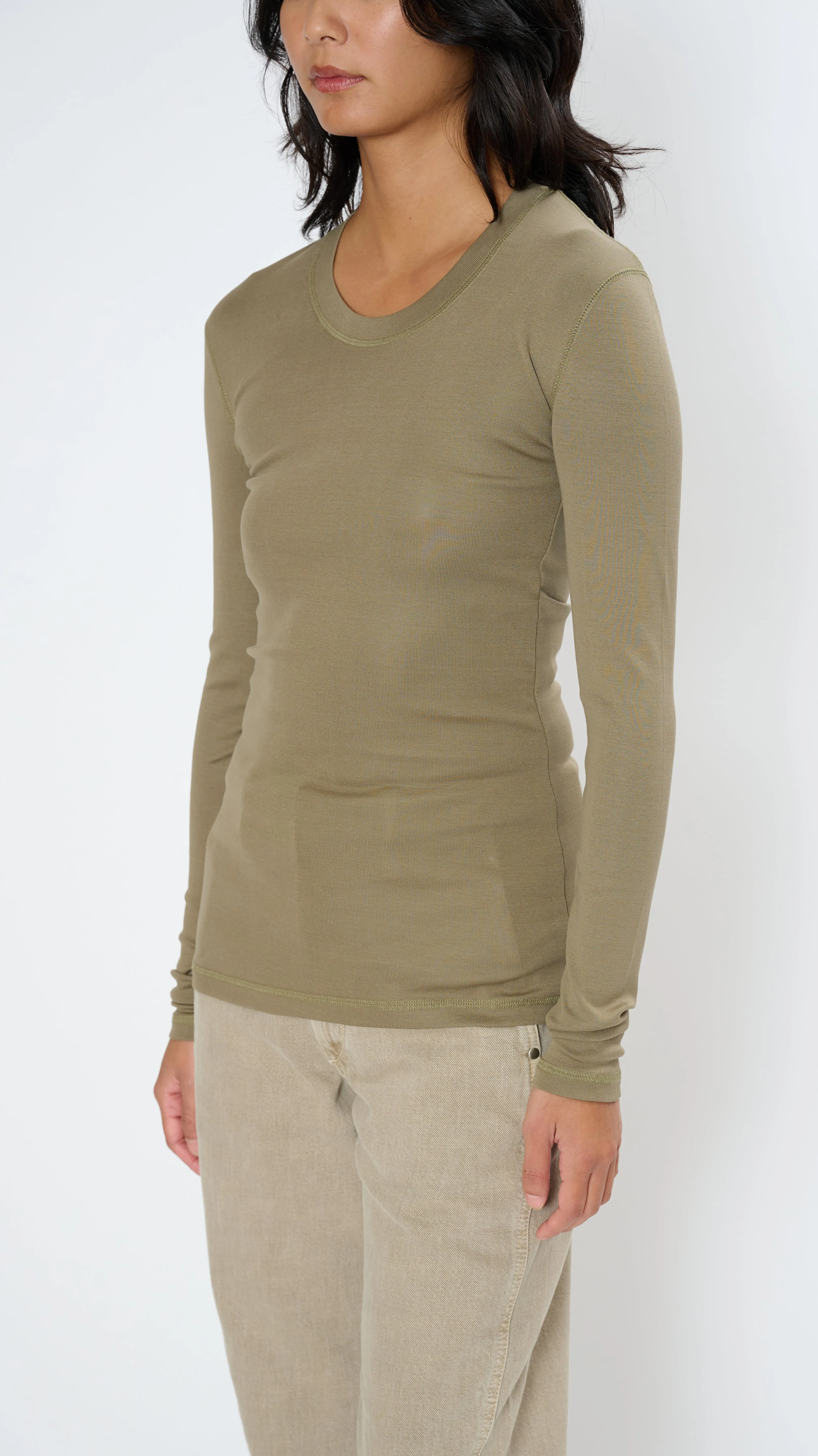 Rib Long Sleeve T-Shirt in Green Beige