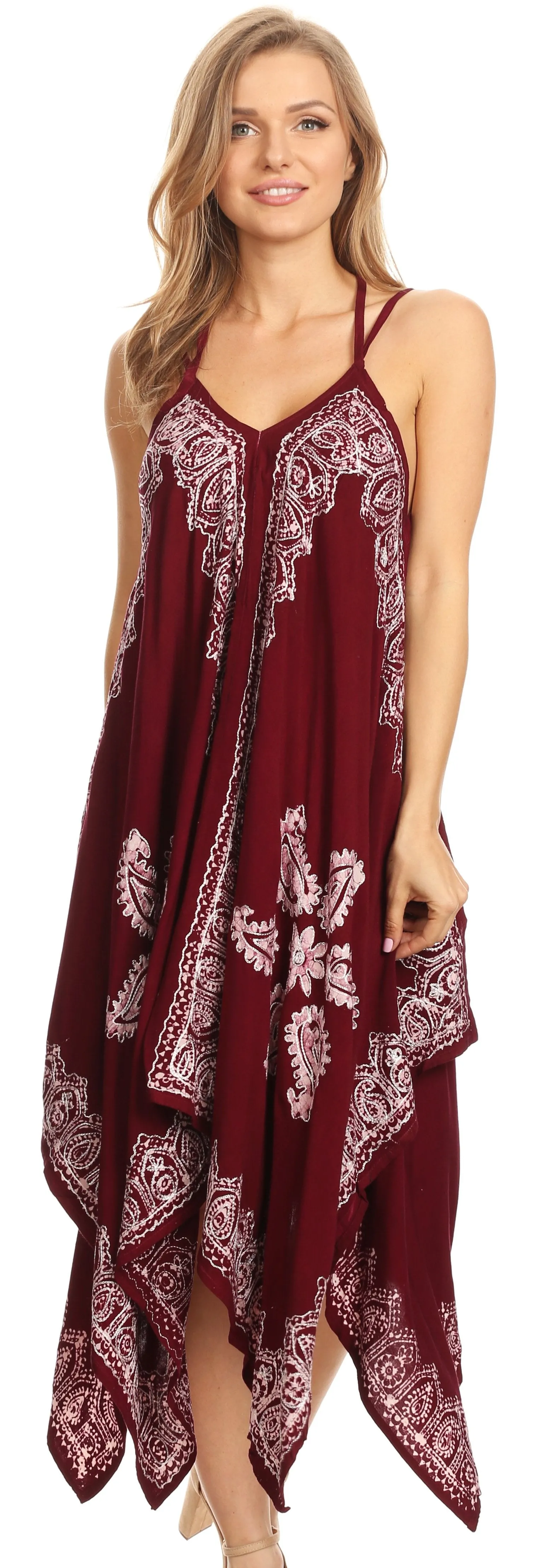 Sakkas Arminat Batik Print Adjustable Strap Embroidered Handkerchief Hem Dress