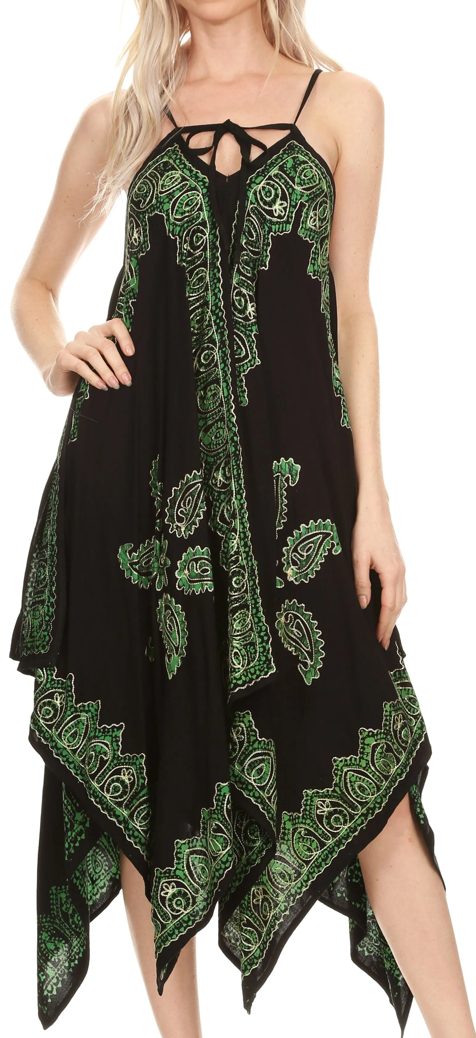 Sakkas Arminat Batik Print Adjustable Strap Embroidered Handkerchief Hem Dress