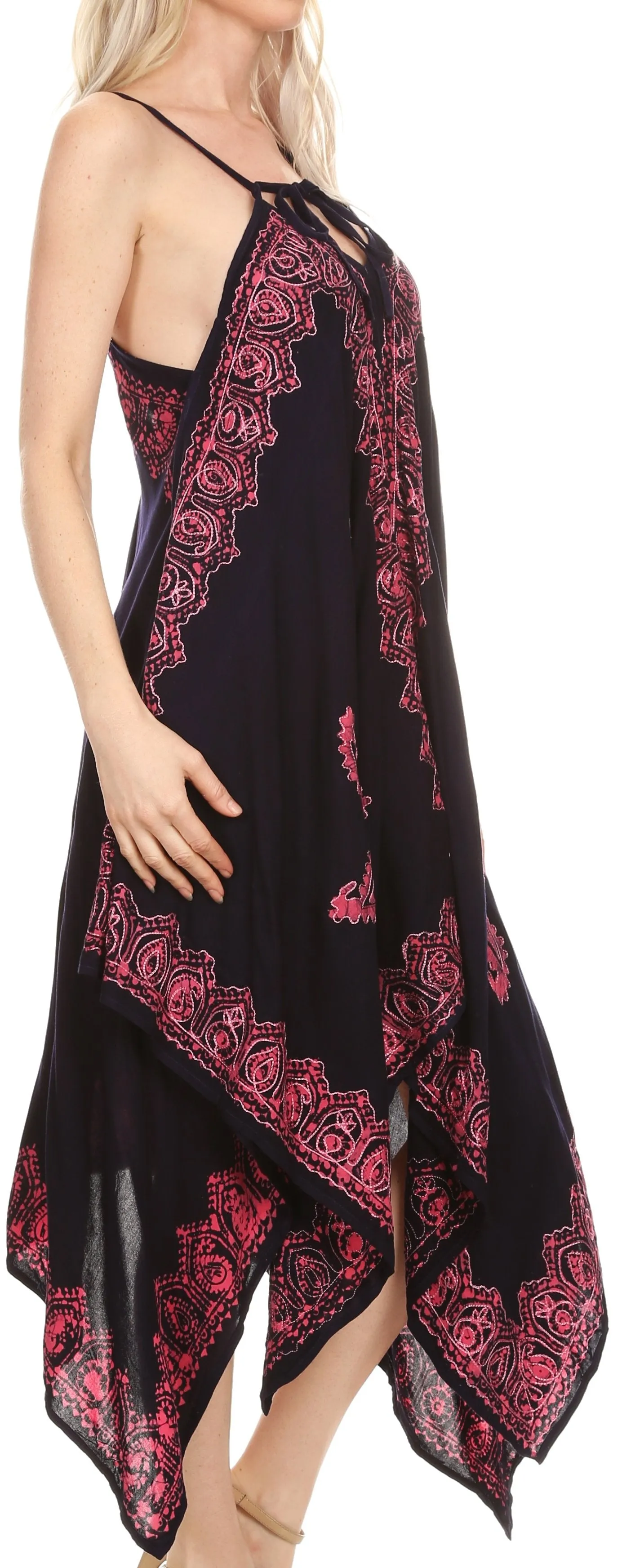 Sakkas Arminat Batik Print Adjustable Strap Embroidered Handkerchief Hem Dress