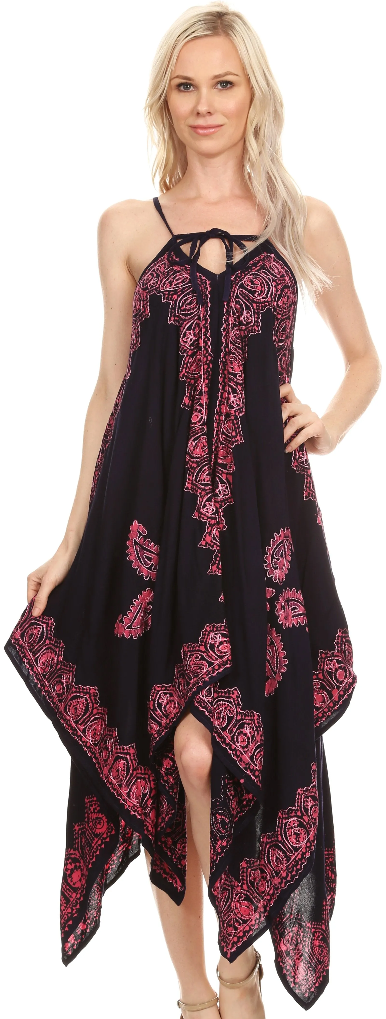 Sakkas Arminat Batik Print Adjustable Strap Embroidered Handkerchief Hem Dress