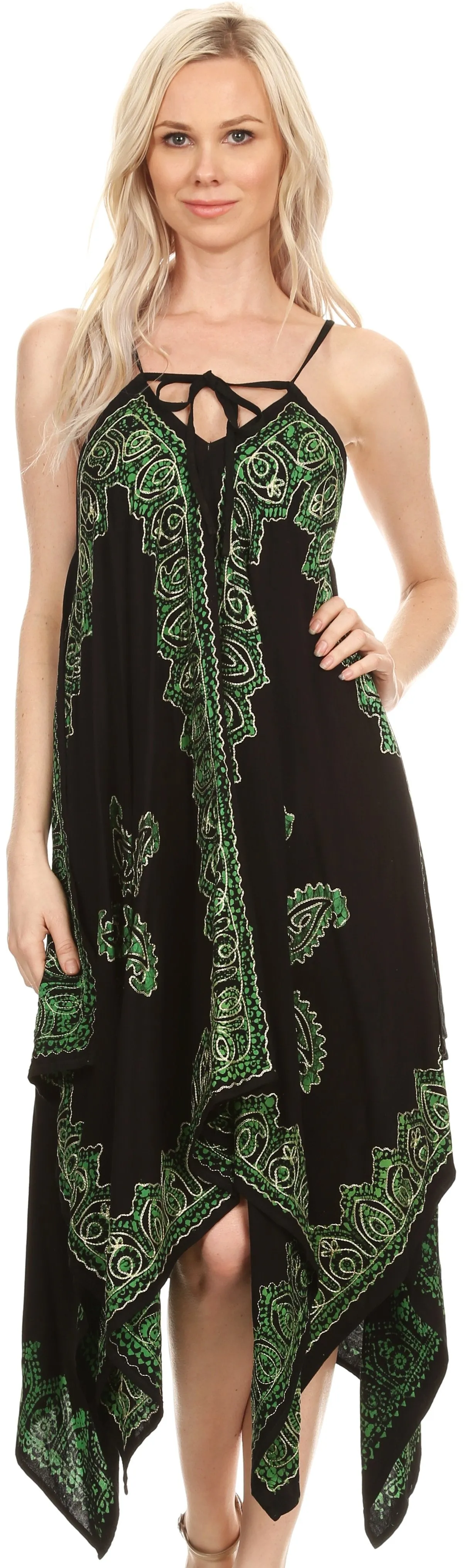 Sakkas Arminat Batik Print Adjustable Strap Embroidered Handkerchief Hem Dress