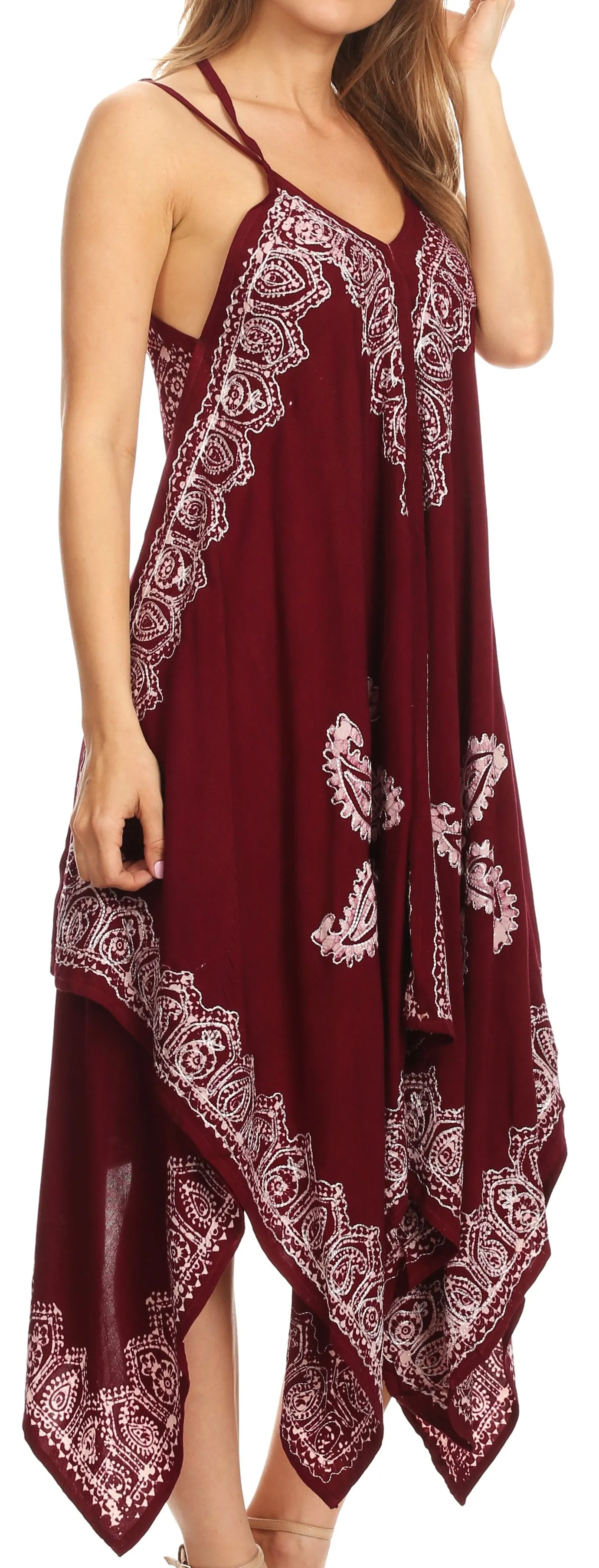 Sakkas Arminat Batik Print Adjustable Strap Embroidered Handkerchief Hem Dress