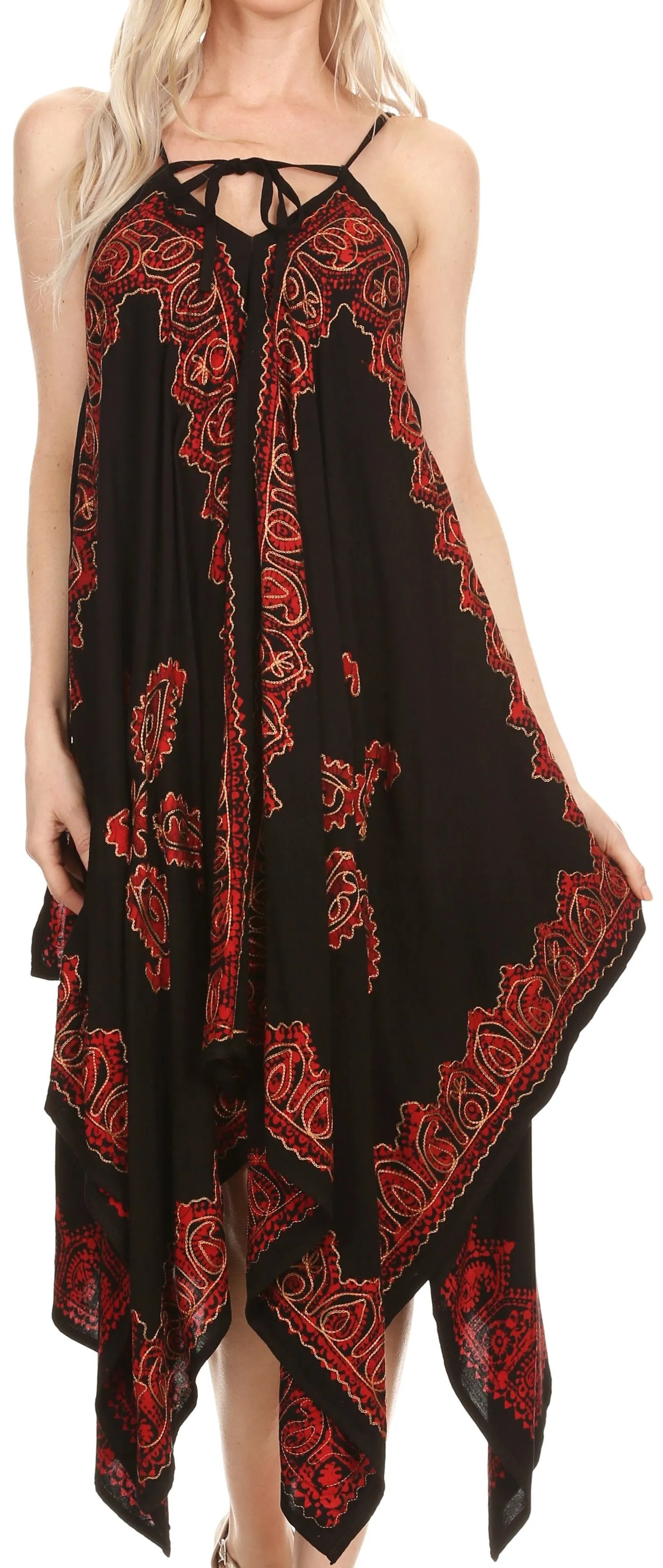 Sakkas Arminat Batik Print Adjustable Strap Embroidered Handkerchief Hem Dress