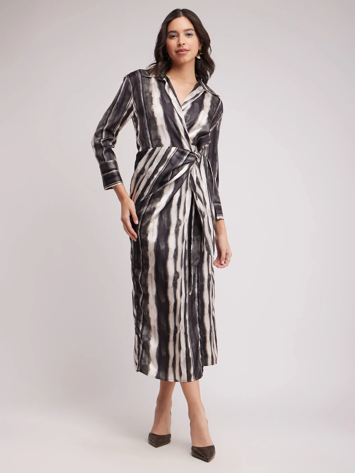 Satin Wrap Dress - Black And White