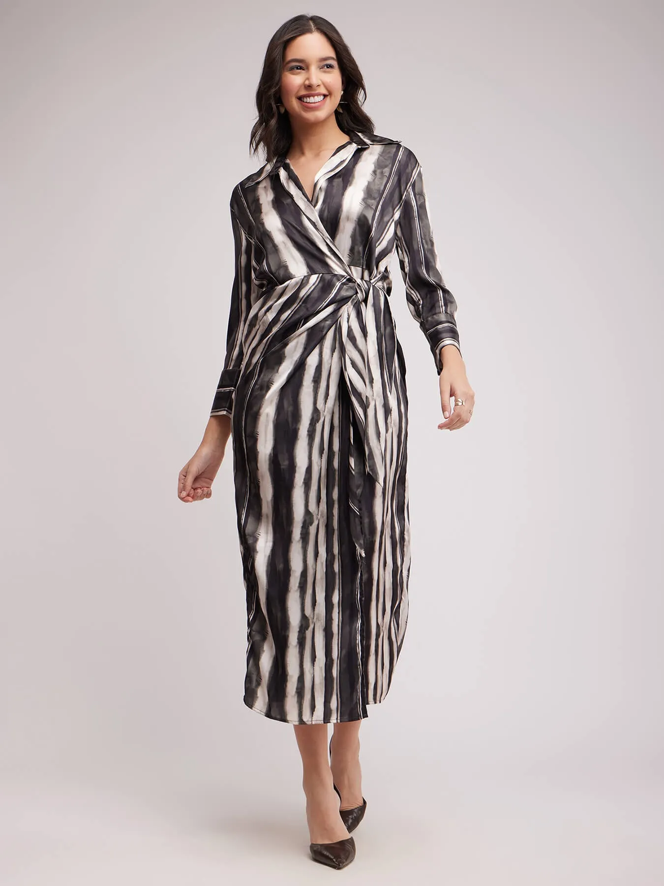 Satin Wrap Dress - Black And White