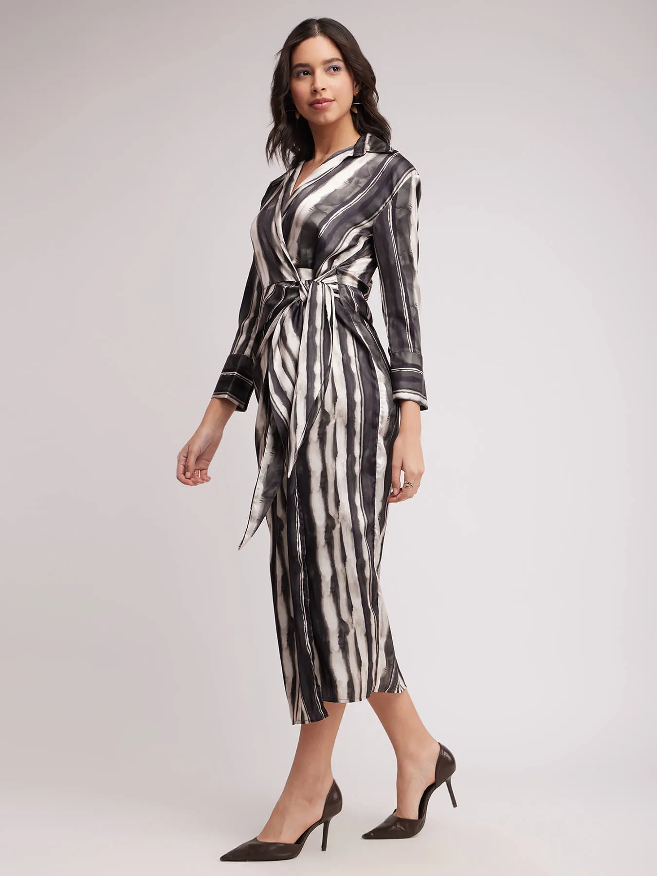 Satin Wrap Dress - Black And White