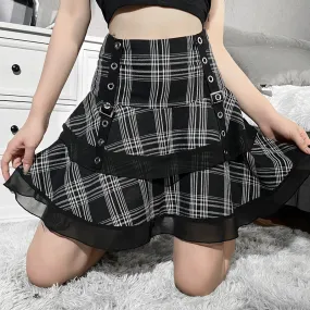 Sexy European style gothic checkered splicing layered skirt eyelets buckle belt slim fit