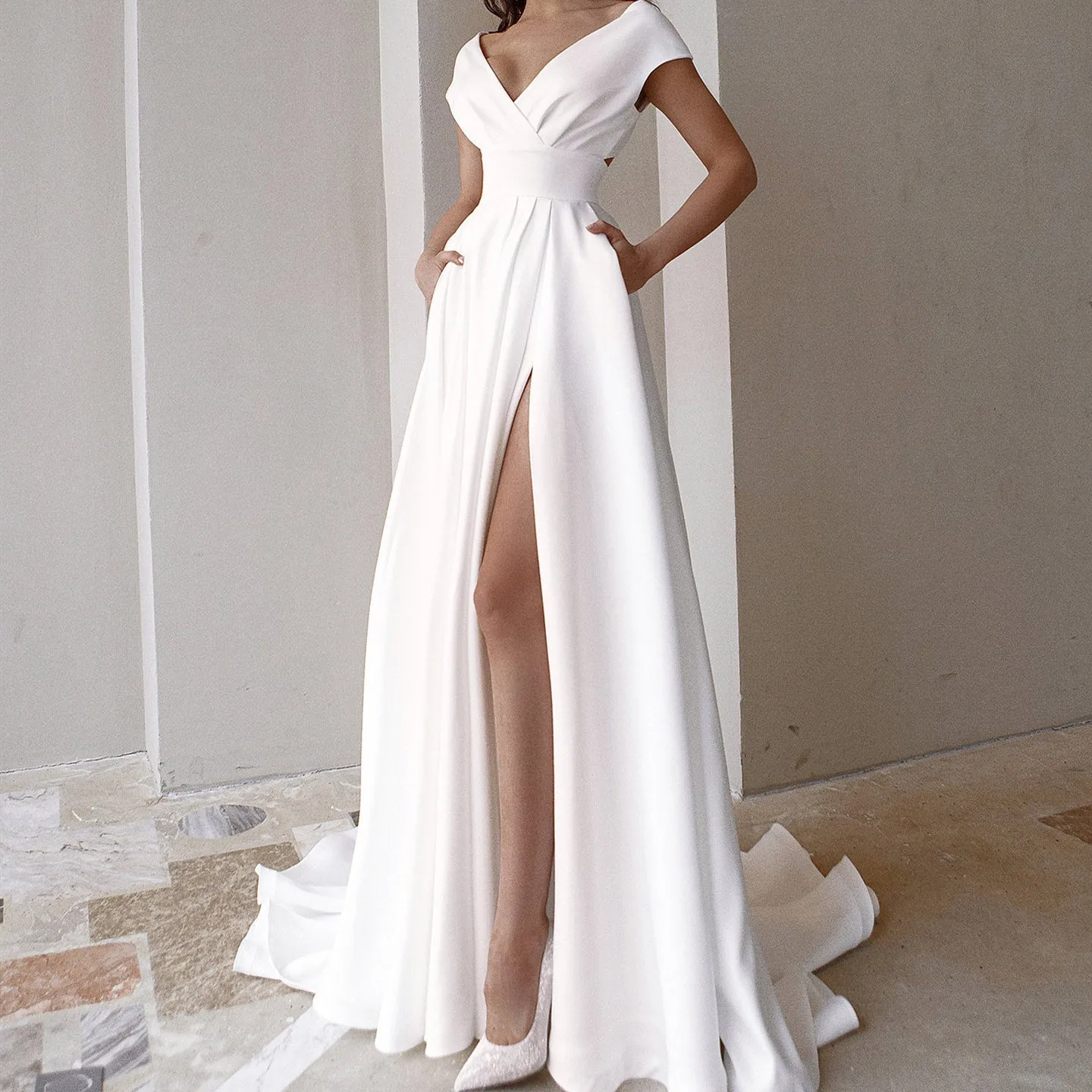 Sexy white v-neck wrap backless split maxi dress | Summer wedding party floor length dress